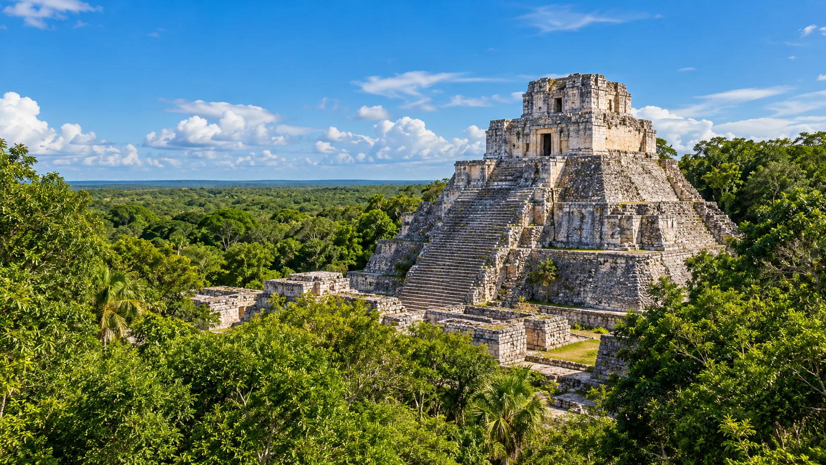 Representación editorial de arquitectura maya en un entorno de selva